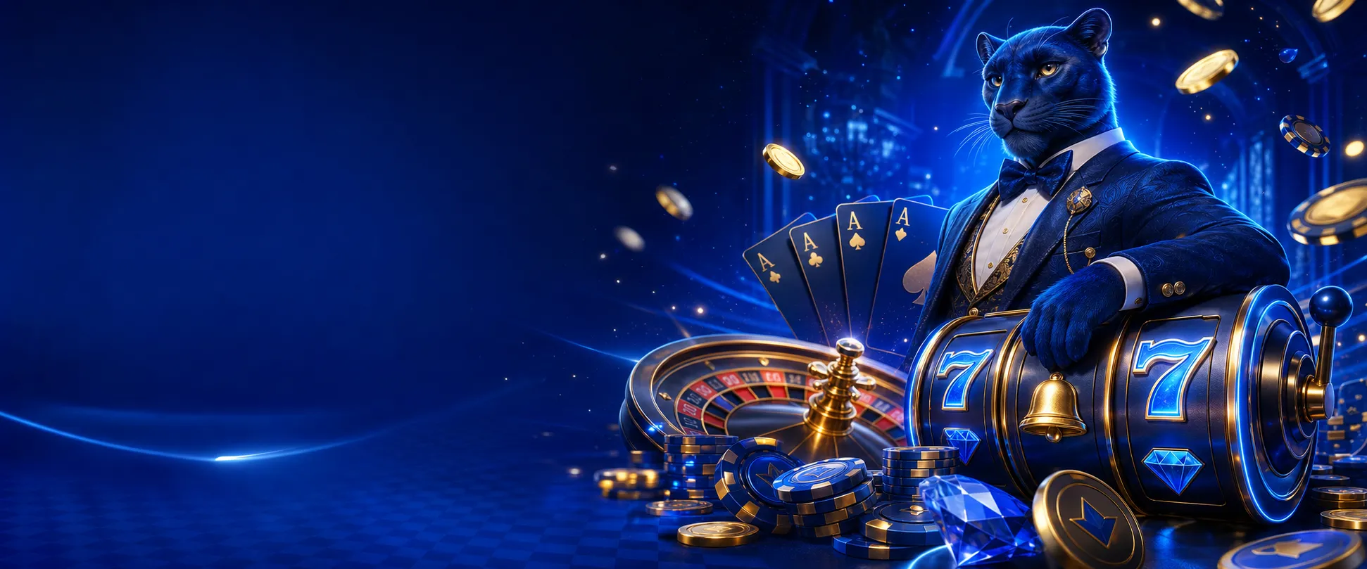 Hero background for Winnita Casino Italy with deep blue left and vibrant casino scene on right featuring mascot, gold coins, 