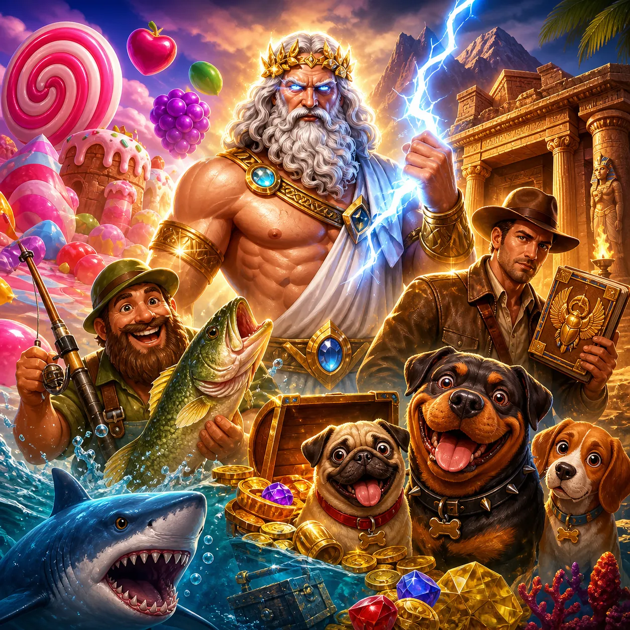 Premium slot game artwork featuring vibrant characters and immersive game worlds without casino branding.